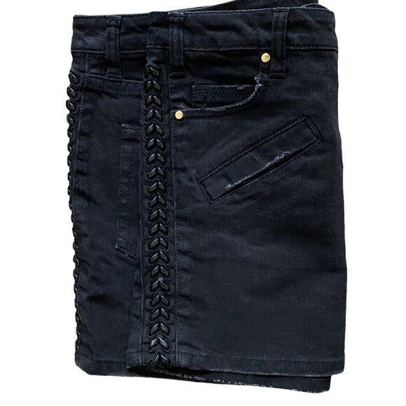 Pierre Balmain Black Distressed Denim Mini Skirt Leather Braided Accents US 6 - Picture 3 of 8